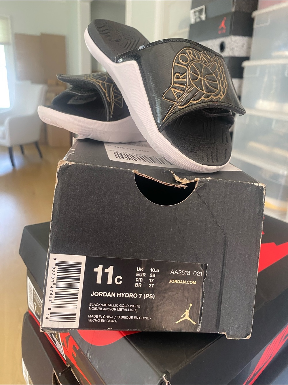 Jordan Kids Black and White Hydro Slide Sandals with Metallic Gold Logo